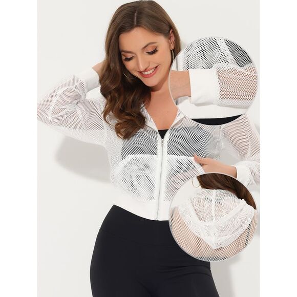 Mesh Jacket Zip Up Fishnet Hoodie Sexy See Through Crop Bomber Jackets White - Picture 2 of 6